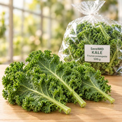 Kale — detaliul frunzelor proaspete și al pungii transparente SereIMD de 500 g, imagine ilustrativă
